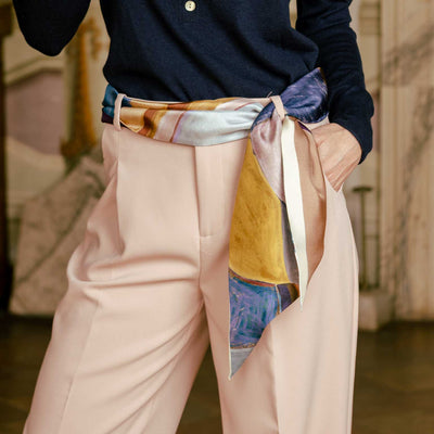 Italian Blue and Tan Skinny Silk Scarf