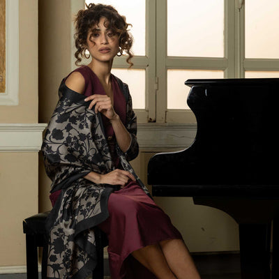 Black Floral Italian Silk Evening Shawl