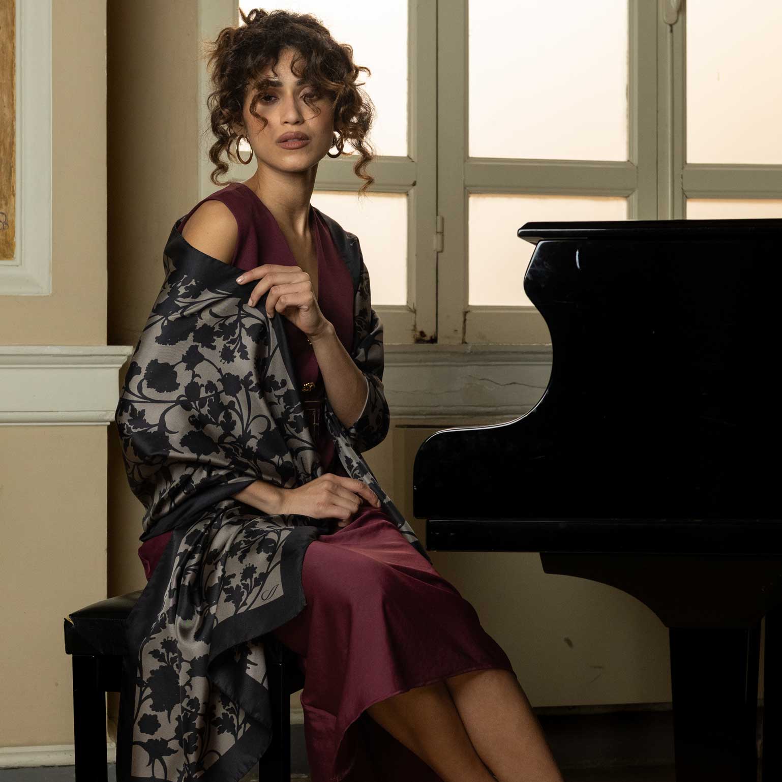 Black Floral Italian Silk Evening Shawl