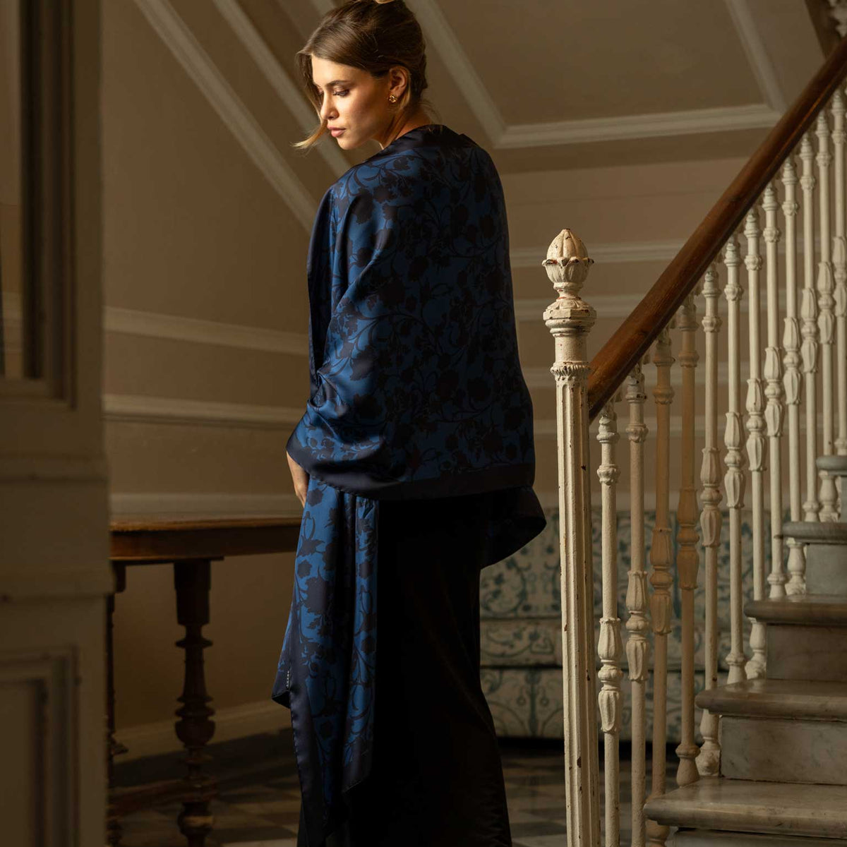 Blue Floral Italian Silk Evening Shawl