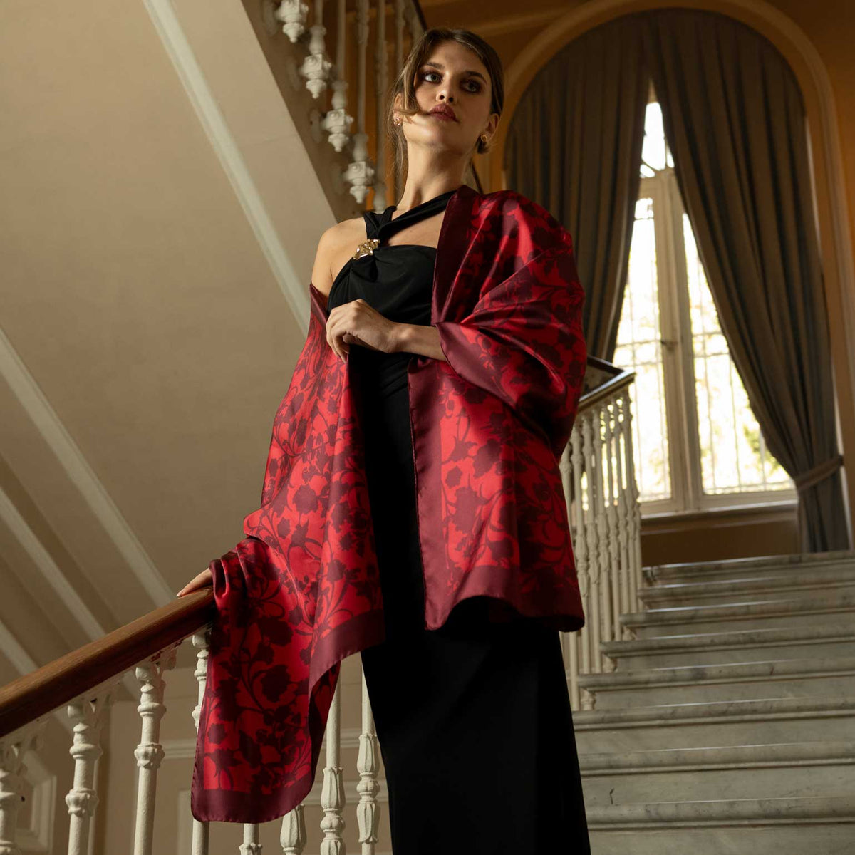 Ruby Red Floral Silk Evening Shawl