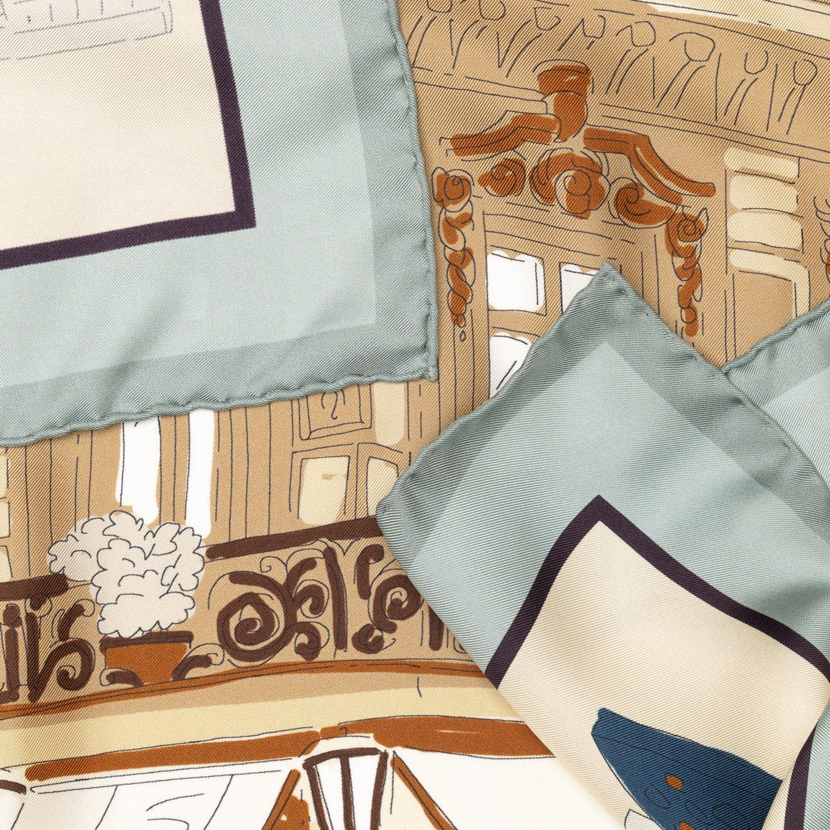 Tan and Aqua Italian Silk Square Scarf