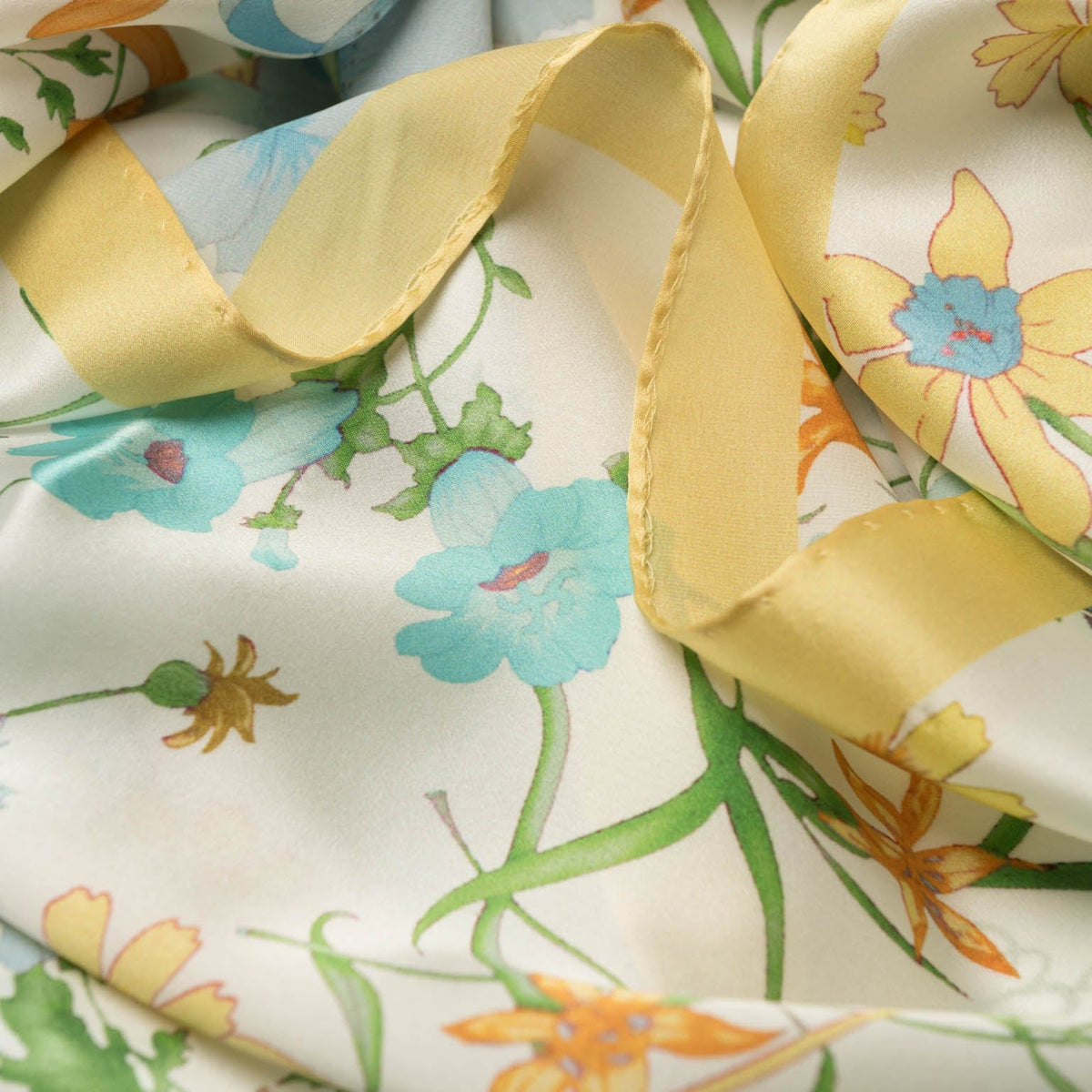 Yellow Floral Silk Satin Long Scarf