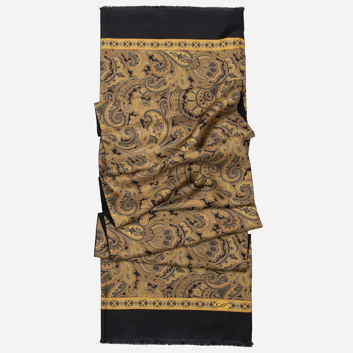 Gold &amp; Black Paisley Italian Silk Wool Scarf