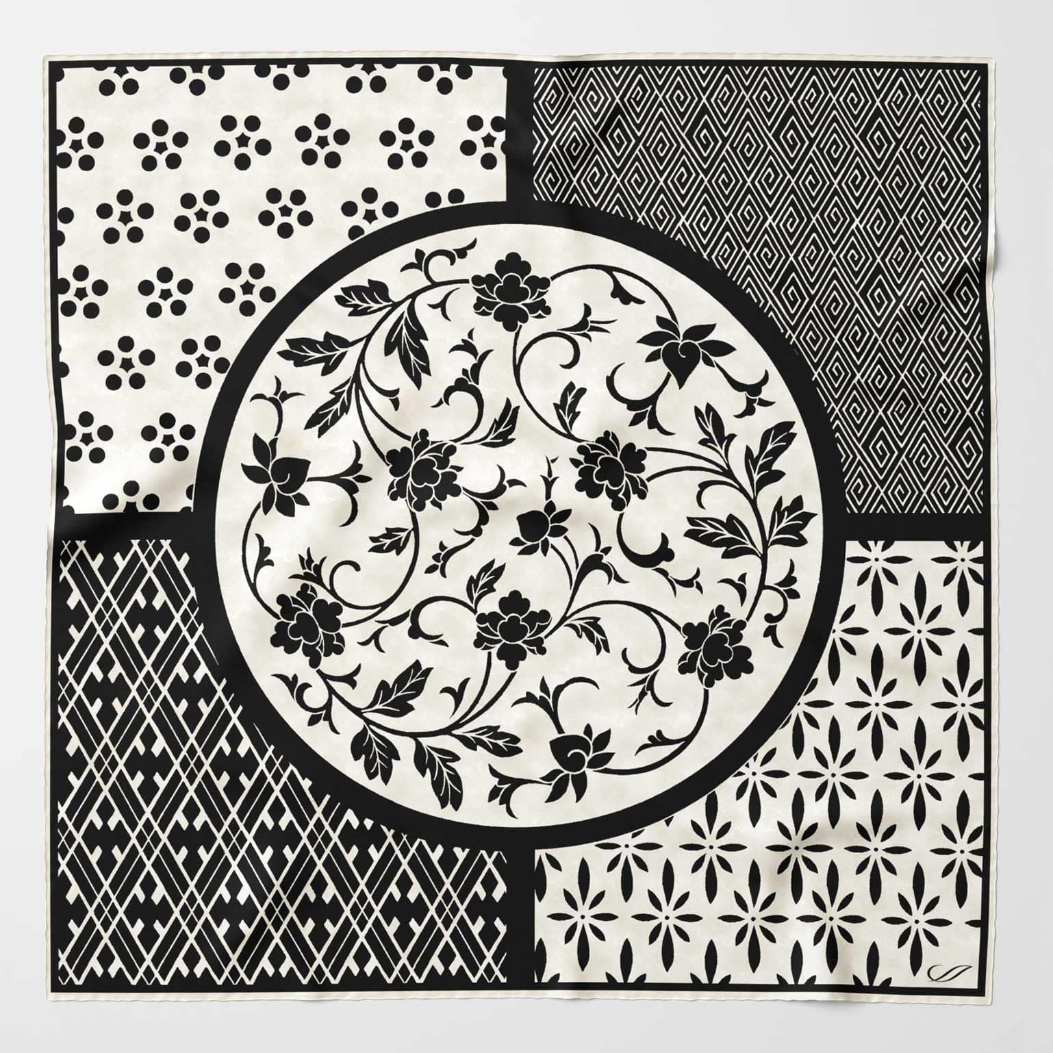 Luxury handmade hand rolled black and white square silk scarf