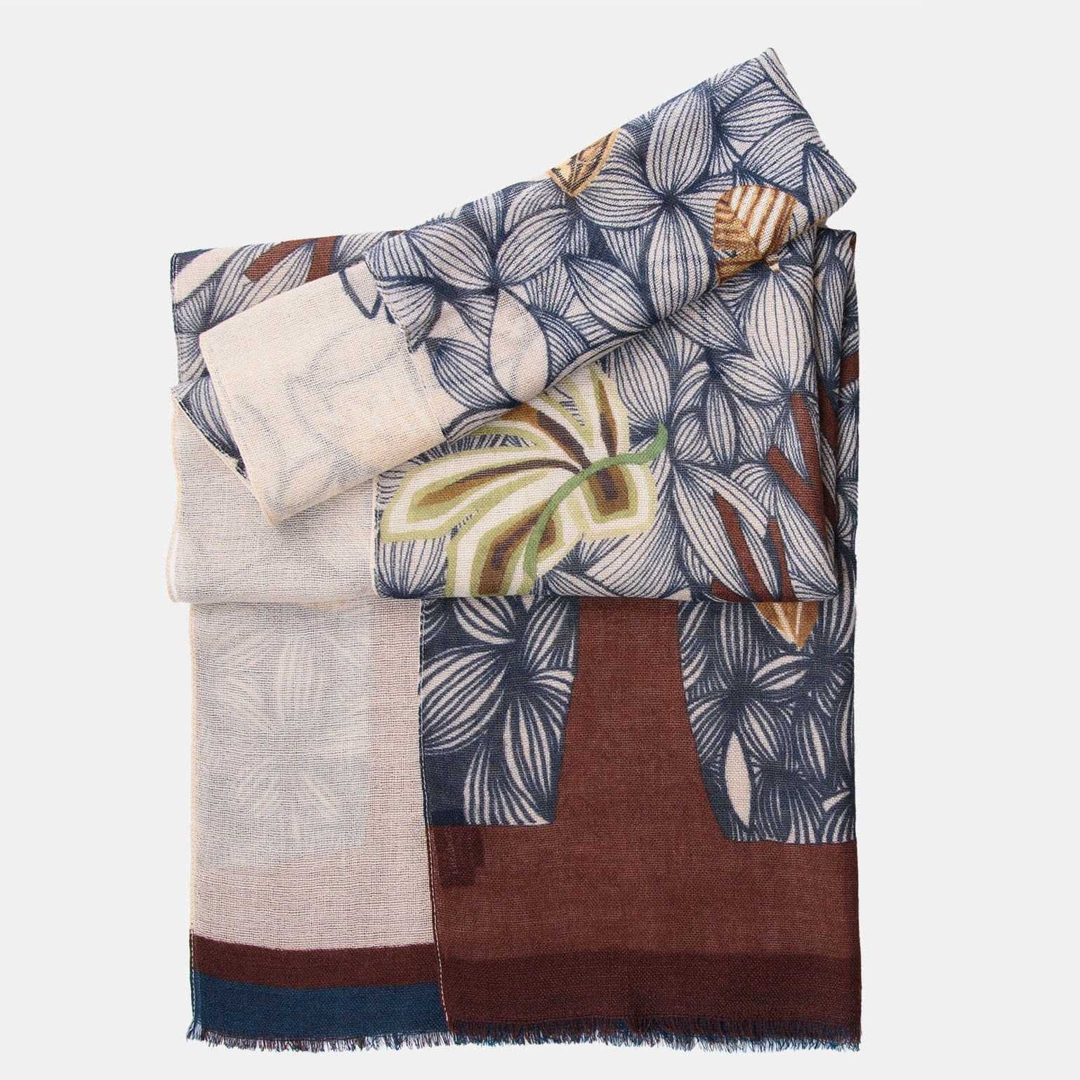 Women's luxury printed cream and brown Italian wool scarf