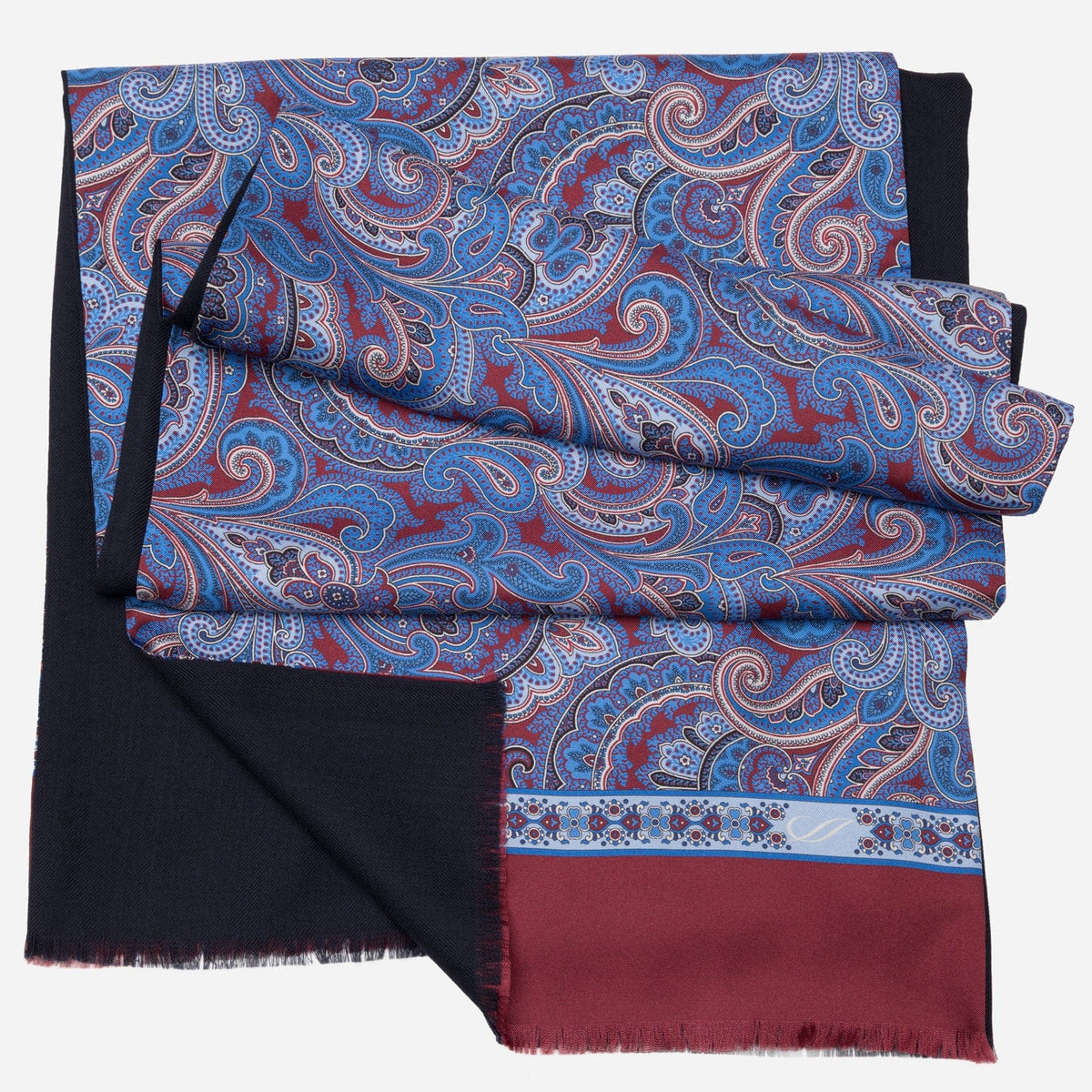 Blue &amp; Red Double-Sided Paisley Silk Wool Scarf