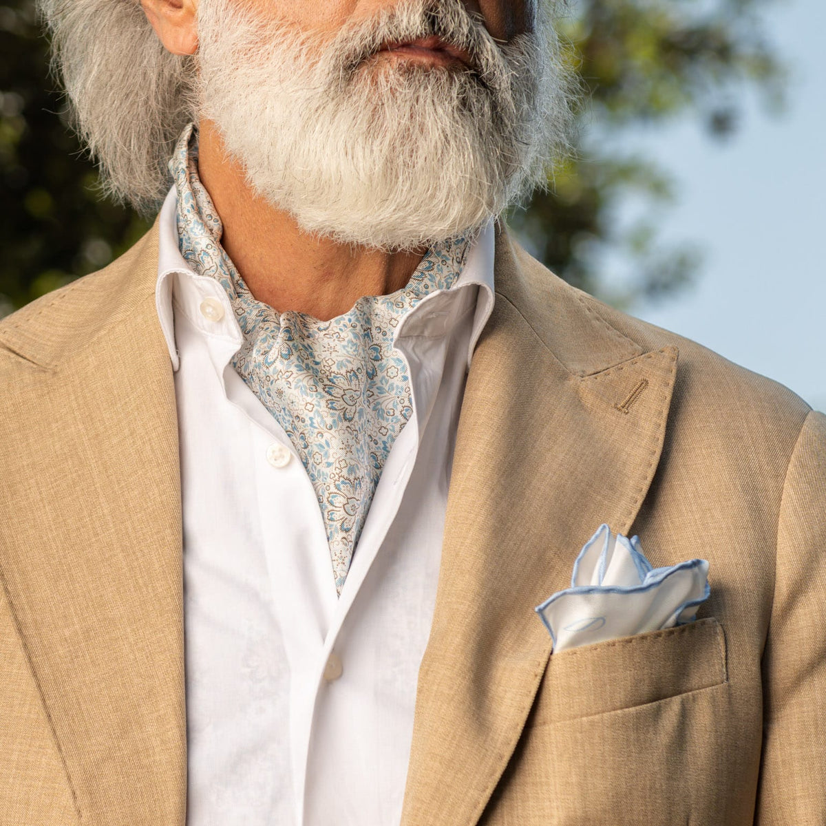 Sky Blue Floral Italian Silk Ascot Tie
