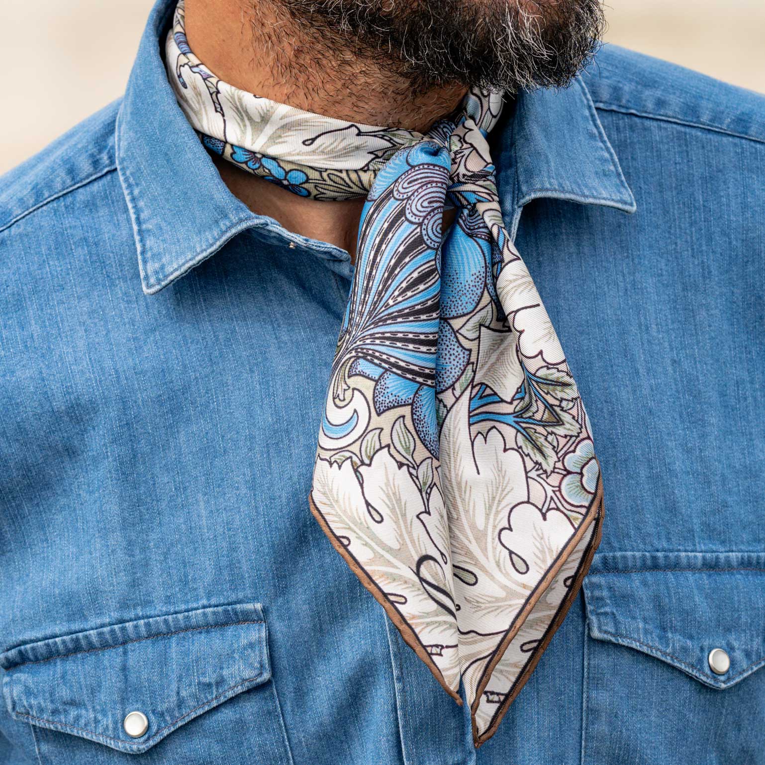 William Morris Blue and Tan Italian Silk Neckerchief