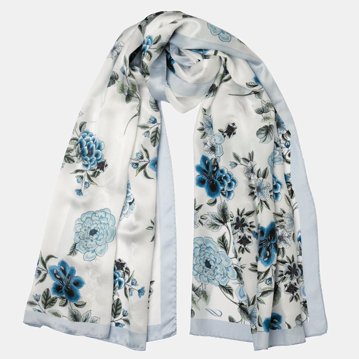 Blue Floral Italian Silk Satin Shawl