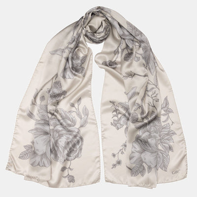 Pearl Grey Floral Italian Silk Satin Shawl