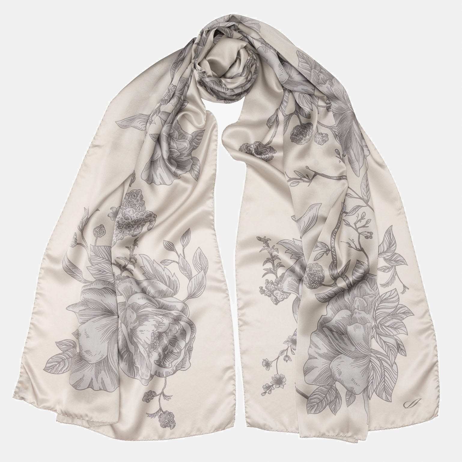 Pearl Grey Floral Italian Silk Satin Shawl