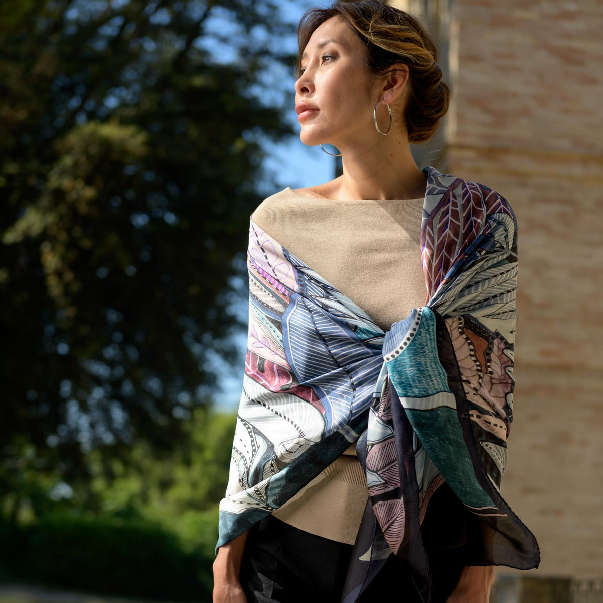 Designer Large Silk Wrap - Blue & Plum