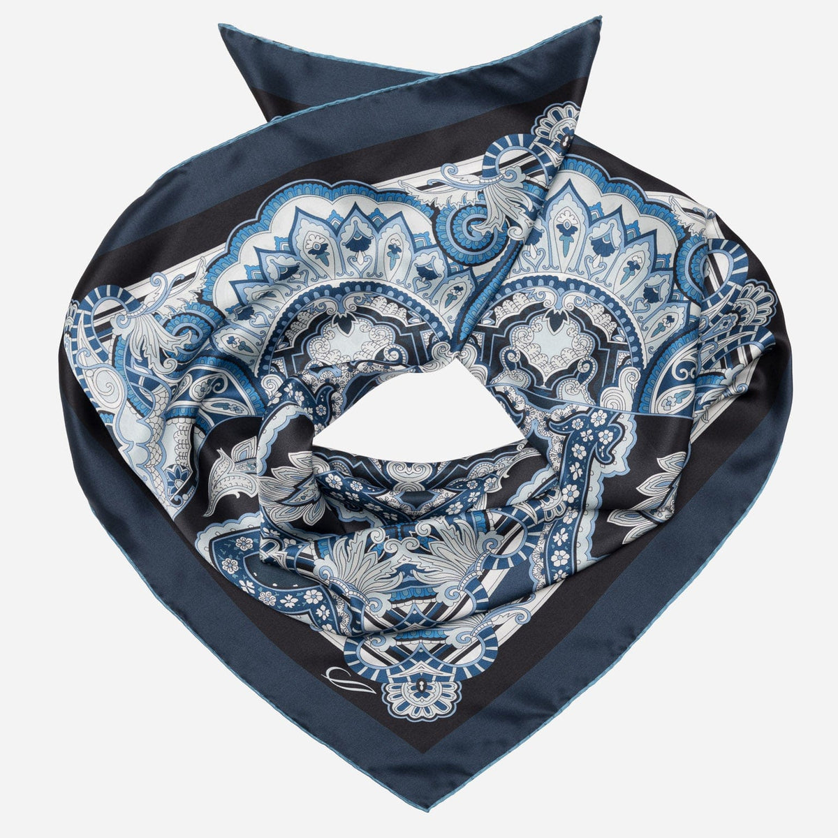 Italian Silk Satin Equestrian Square Scarf - Blue