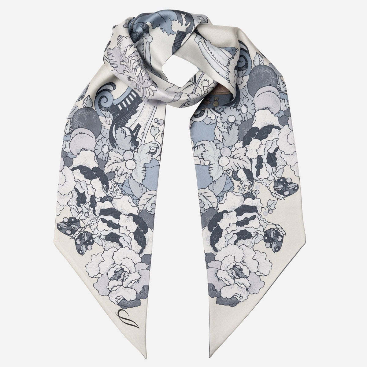 Dusty Blue Floral Italian Skinny Silk Scarf