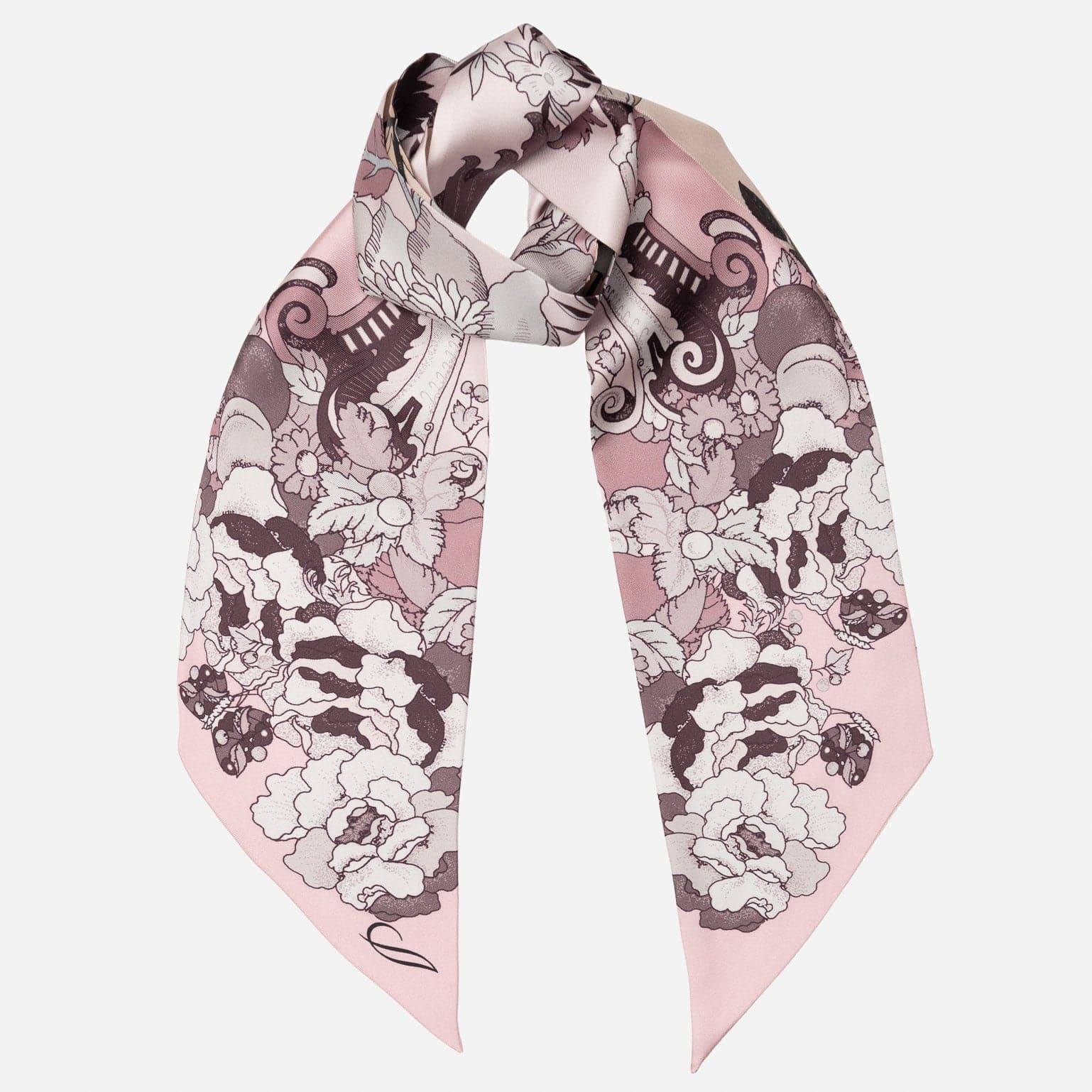 Italian Skinny Silk Scarf Floral Pink