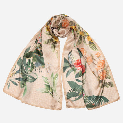 Beige Floral Italian Silk Satin Long Scarf