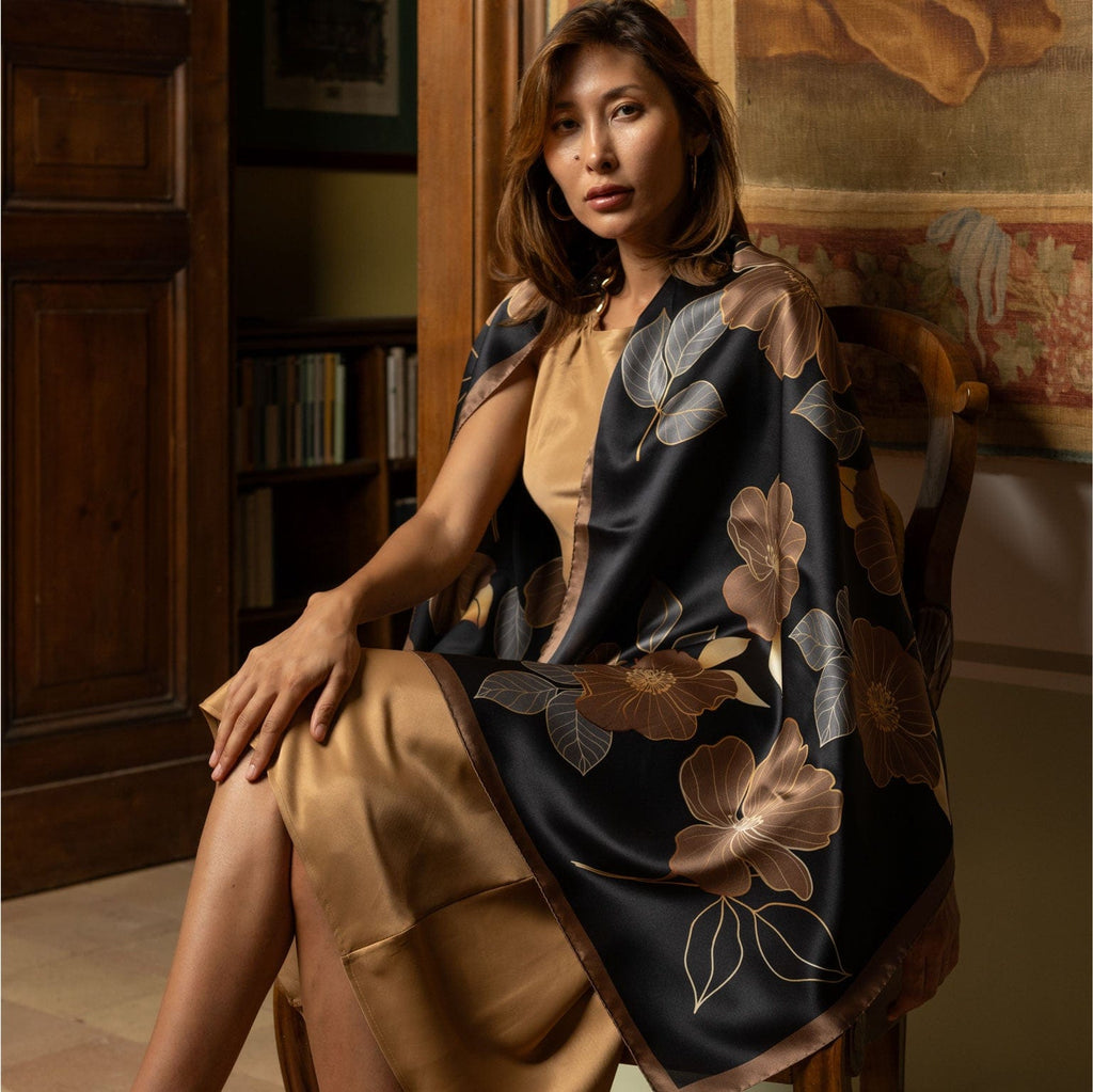 小物 evening scarf in silk satin ladies-black-and-bronze-silk-