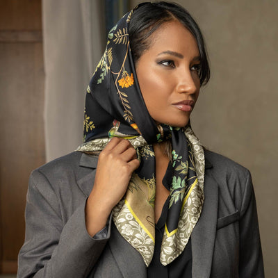 Black silk foulard botanical print