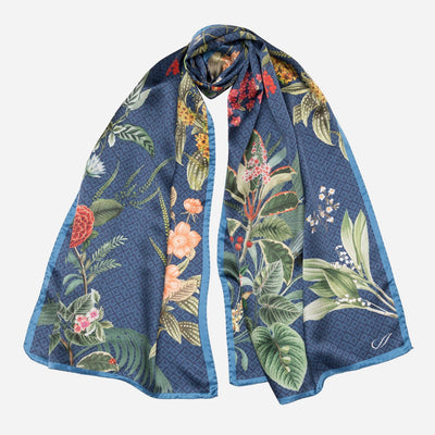 Blue Floral Silk Satin Long Scarf