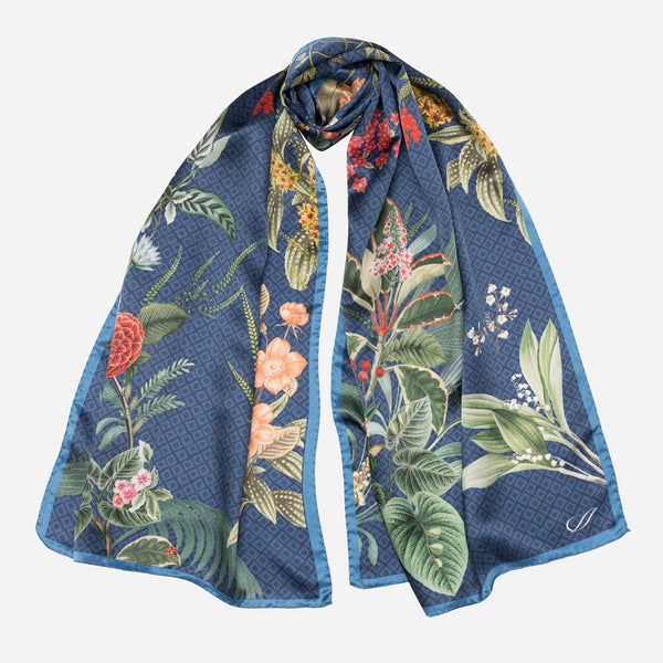 Blue Floral Silk Satin Long Scarf