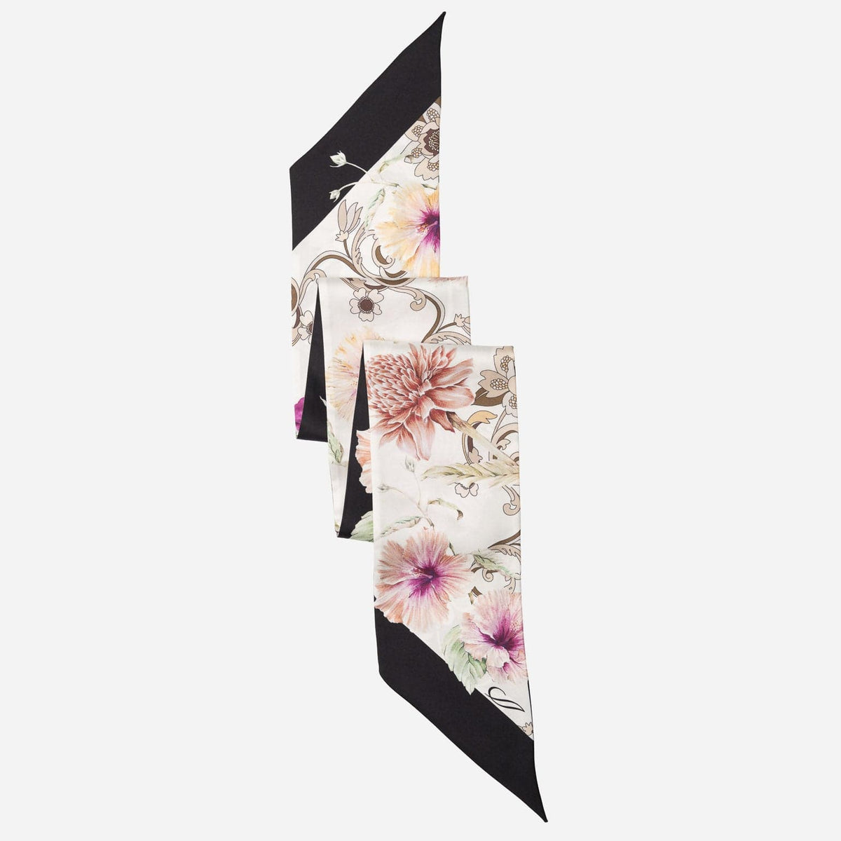 Cream Floral Italian Skinny Silk Scarf