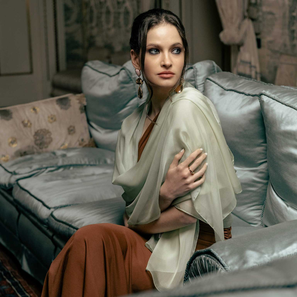 Luxury mint green sheer silk evening wrap scarf