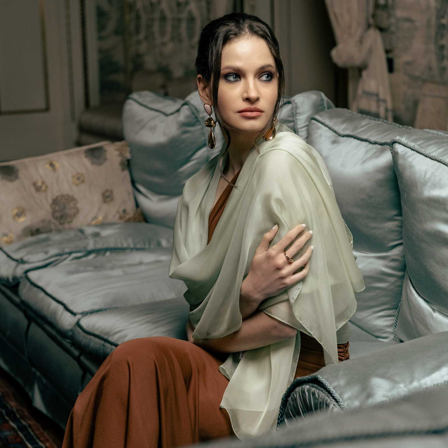 Luxury mint green sheer silk evening wrap scarf