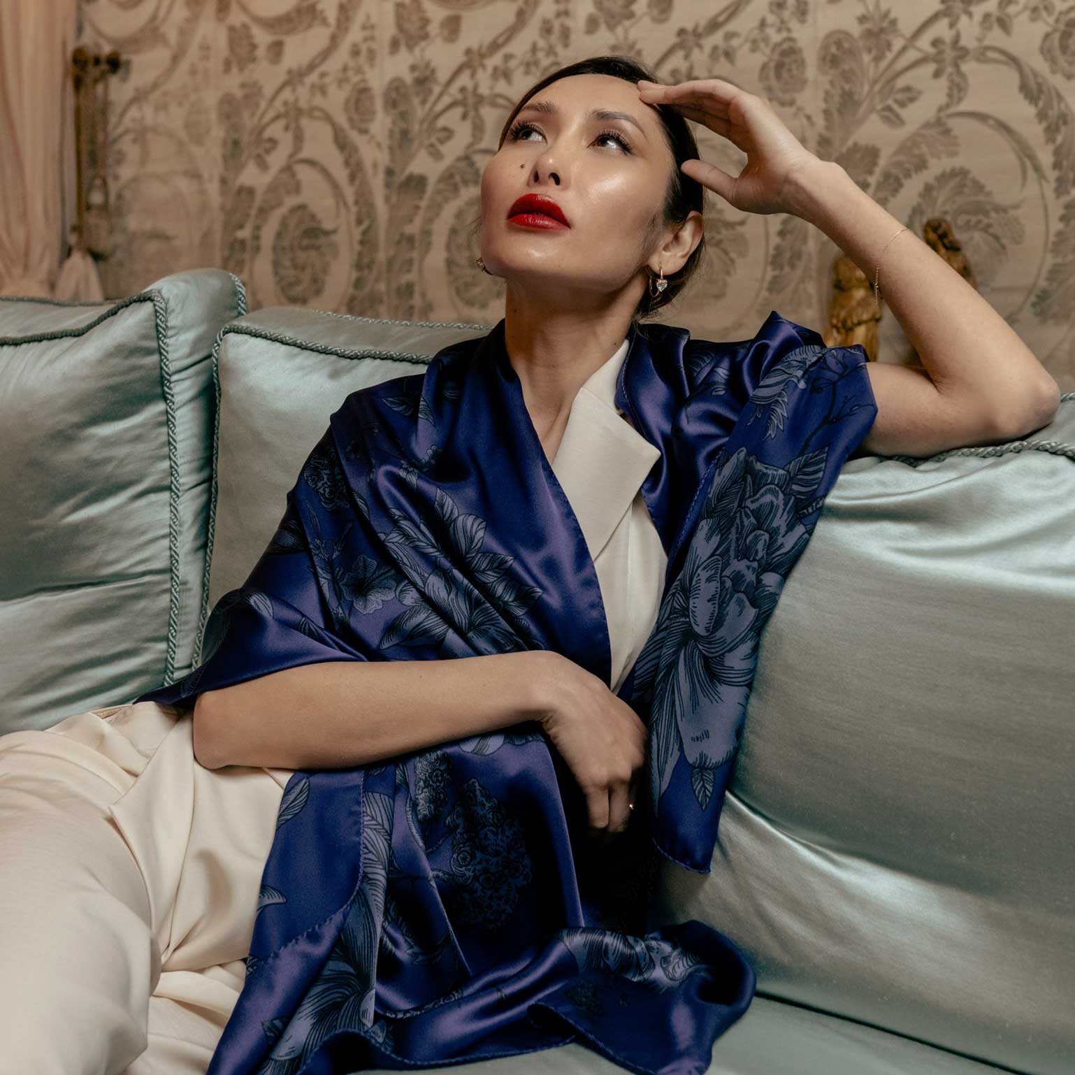 Luxury indigo blue silk evening shawl wrap