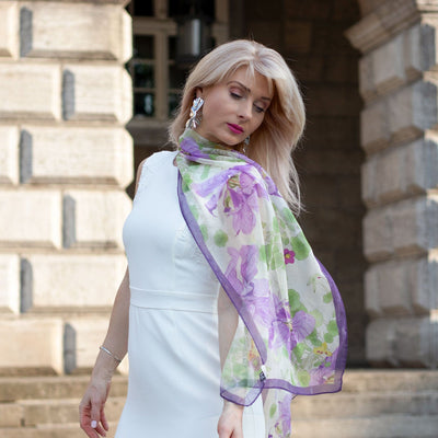 Lavender Sheer Silk Floral Long Scarf