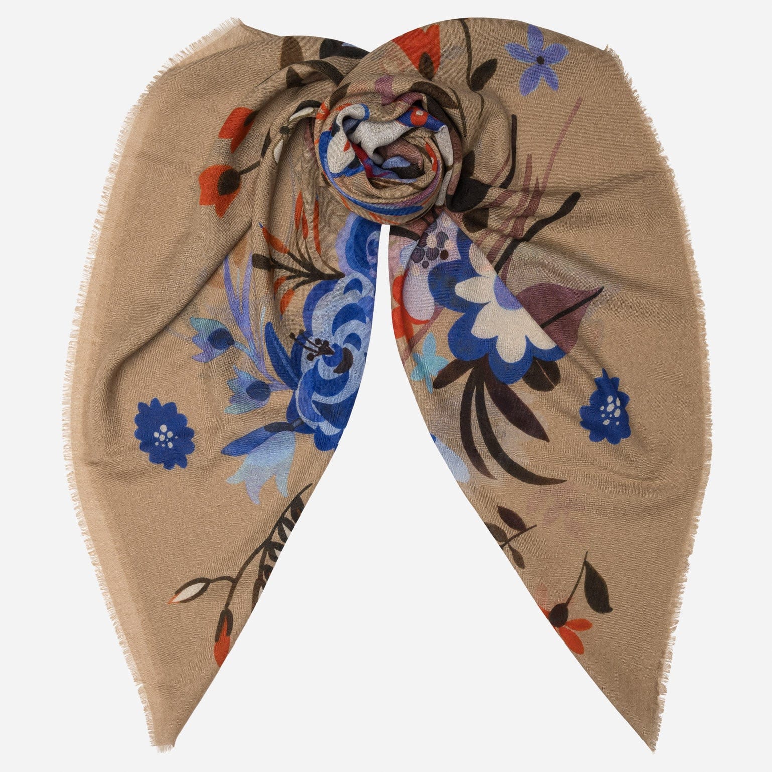 Large Beige Floral Italian Wool Scarf