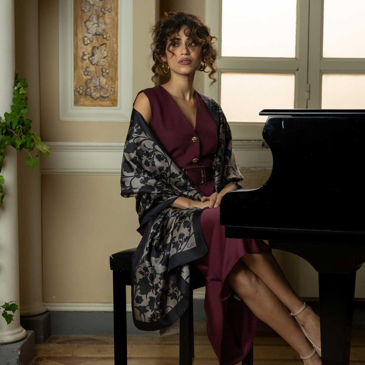 Black Floral Italian Silk Evening Shawl