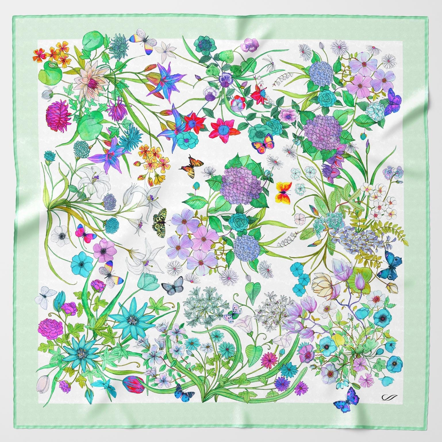 Mint Green Botanical Print Silk Scarf