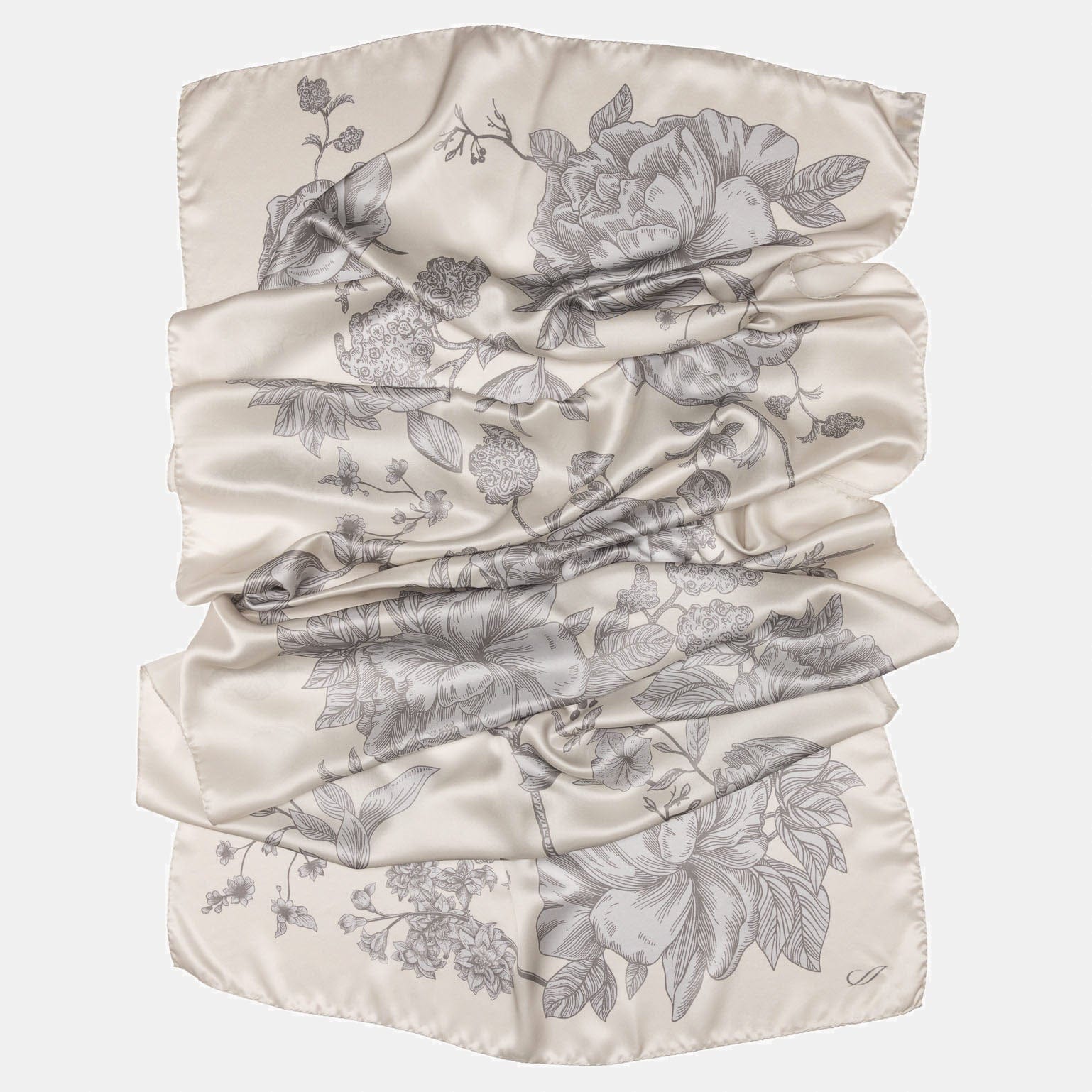 Pearl Grey Floral Italian Silk Satin Shawl