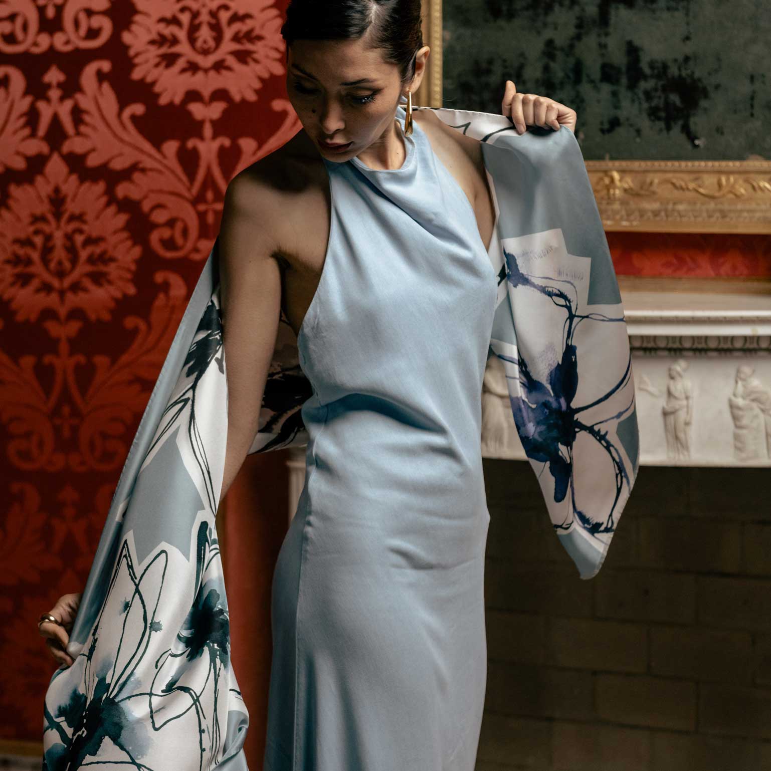 Women's Dusty Blue Long Silk Scarf