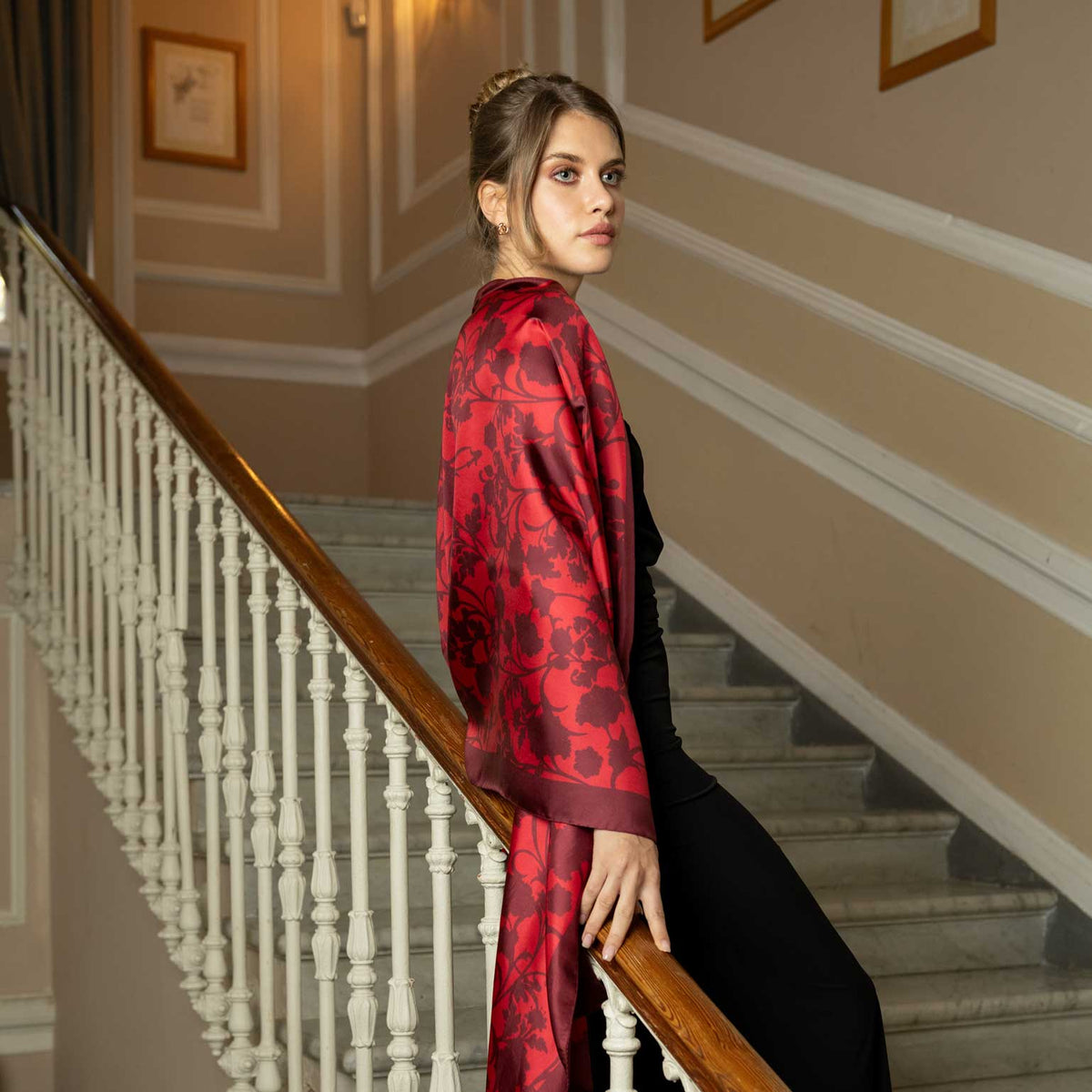 Ruby Red Floral Silk Evening Shawl