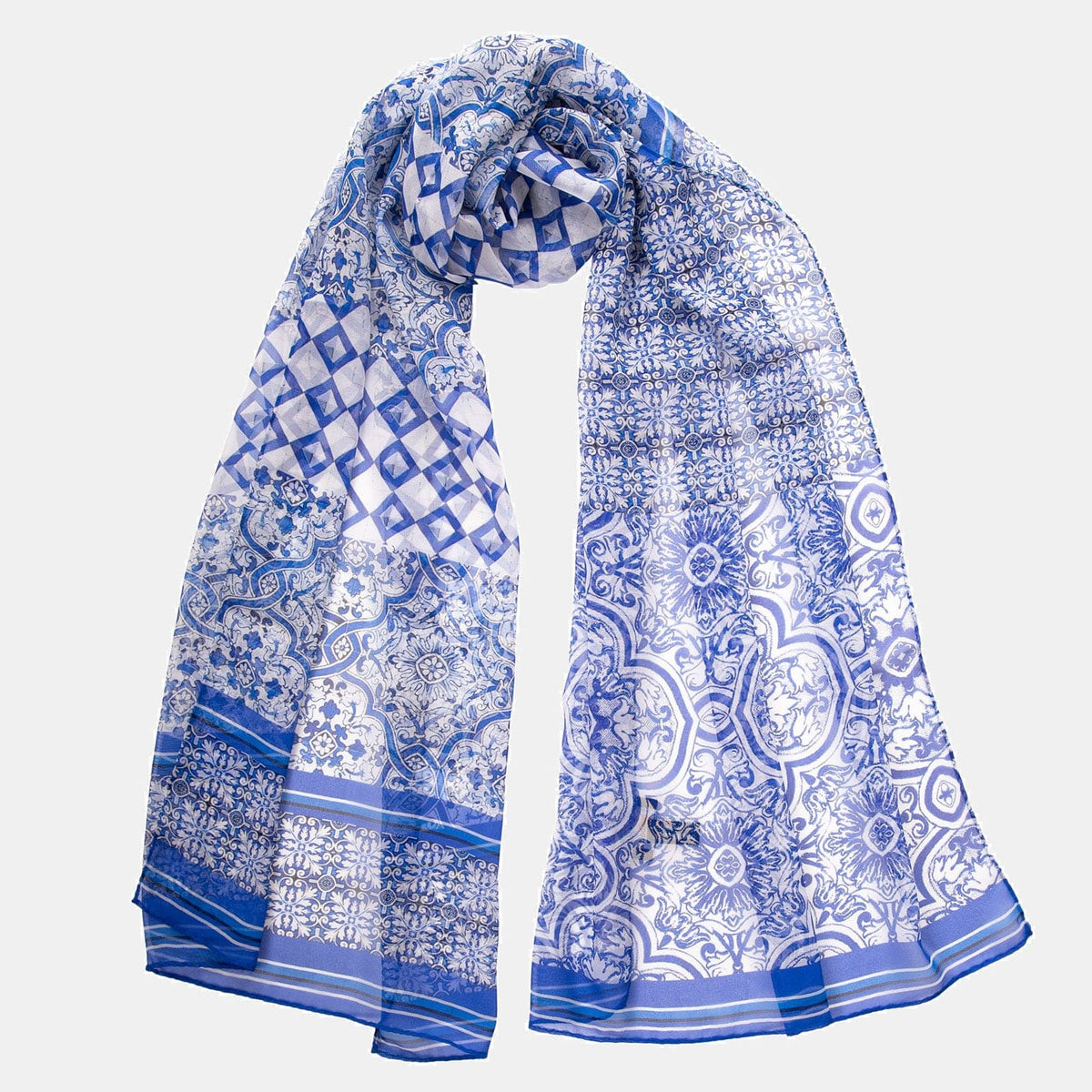 Blue and White Tile Motif Silk Scarf