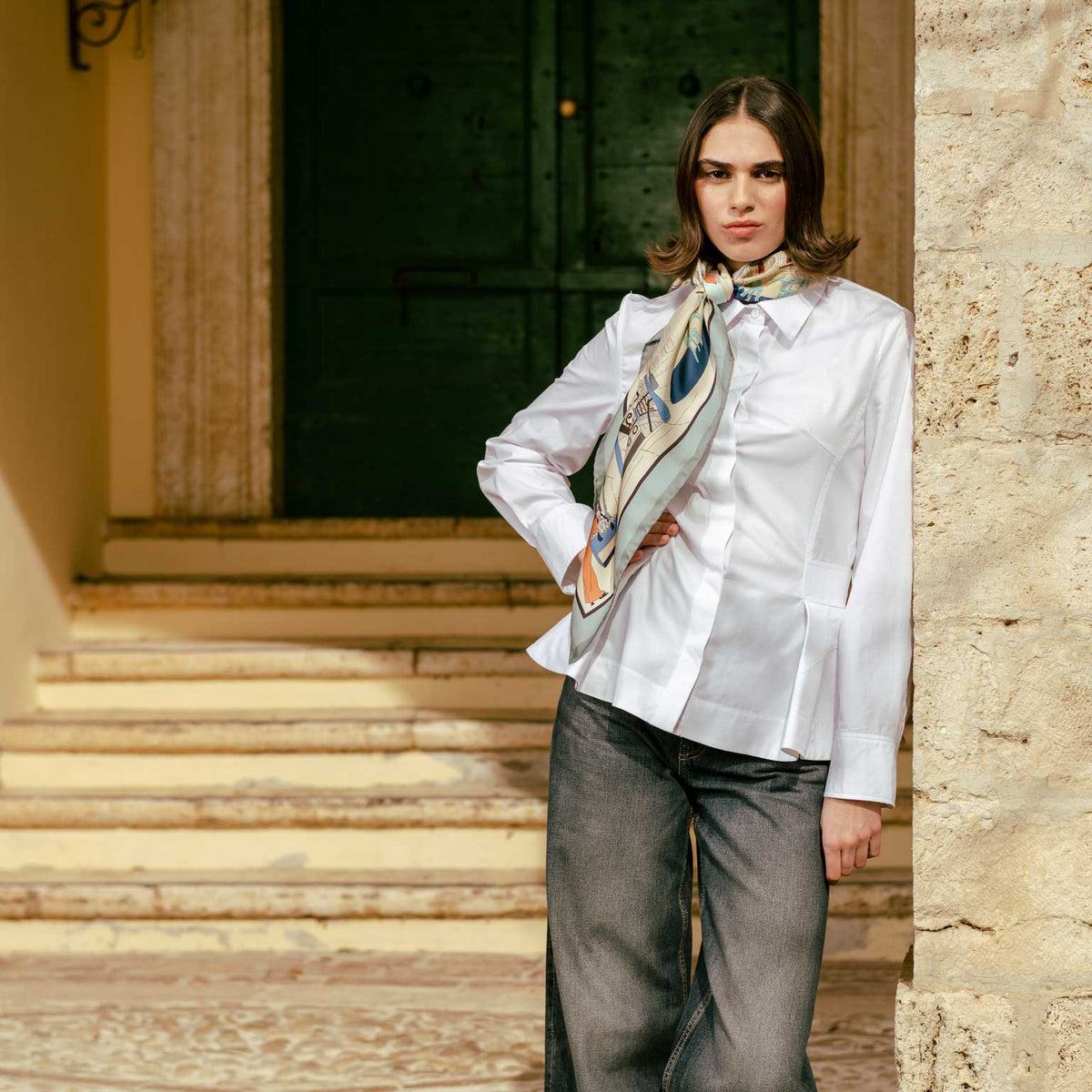 Tan and Aqua Italian Silk Square Scarf