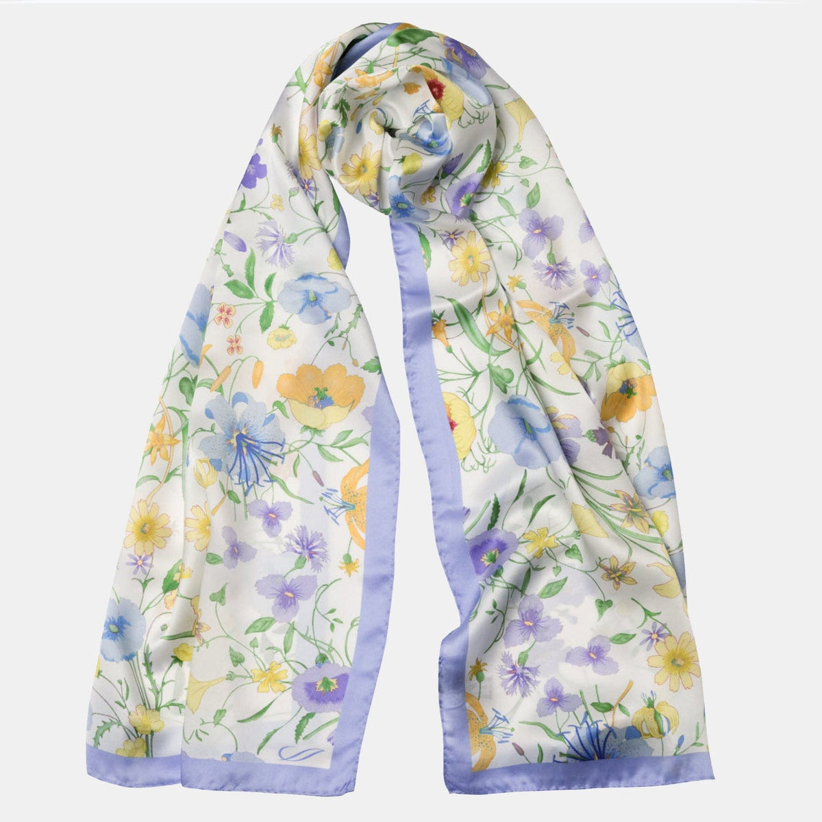 Periwinkle Floral Silk Satin Long Scarf