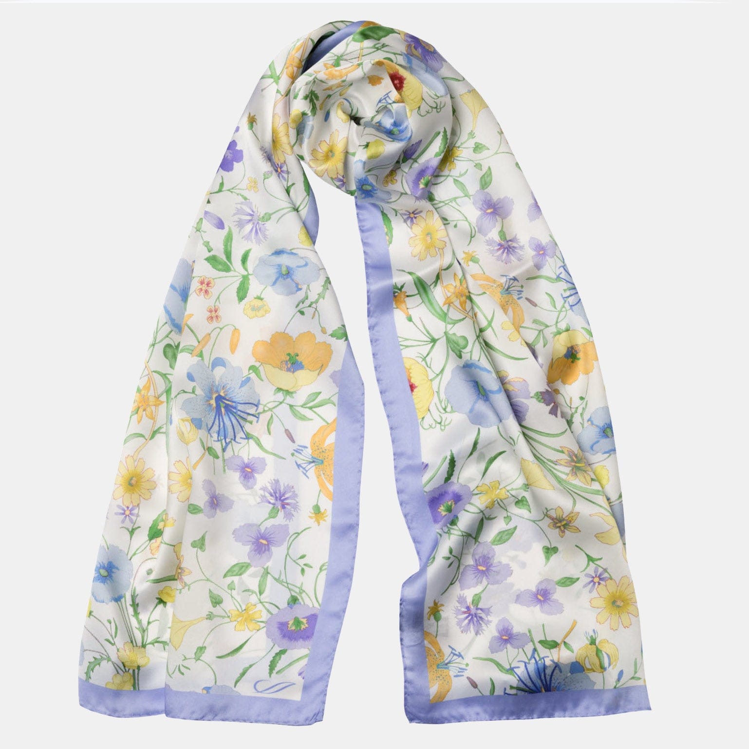 best blue floral print silk scarf for womenPeriwinkle Floral Silk Satin Long Scarf