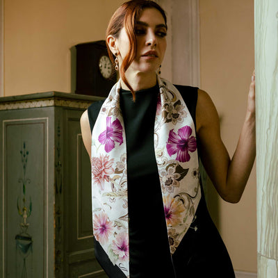 Cream Floral Italian Skinny Silk Scarf
