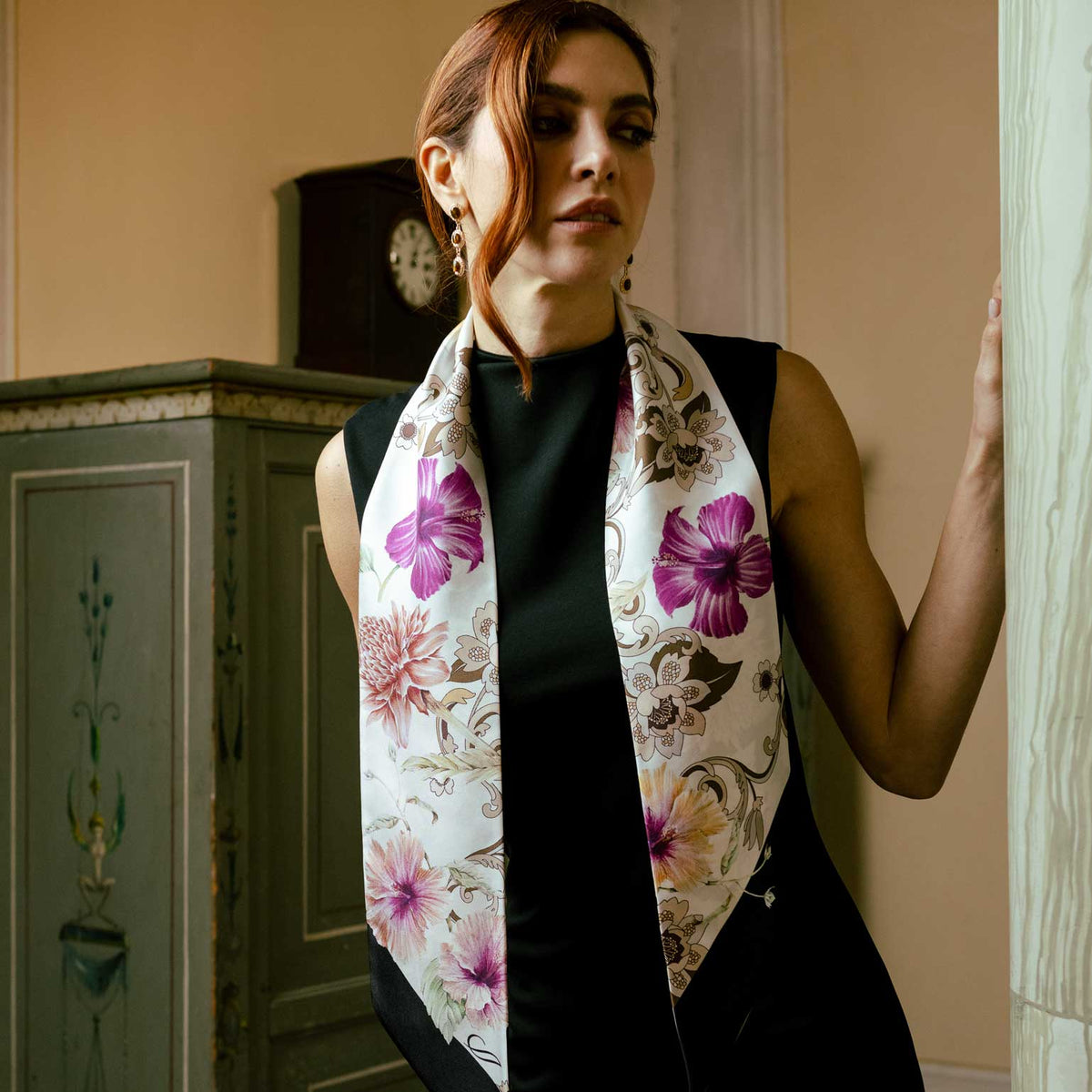 Cream Floral Italian Skinny Silk Scarf