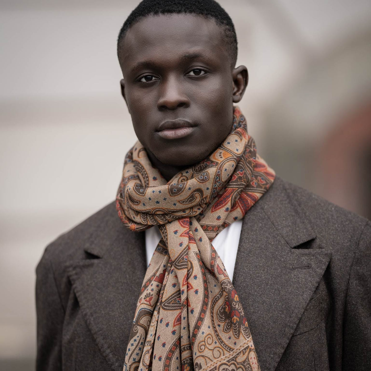 Beige &amp; Brick Red Soft Lightweight Italian Wool Scarf