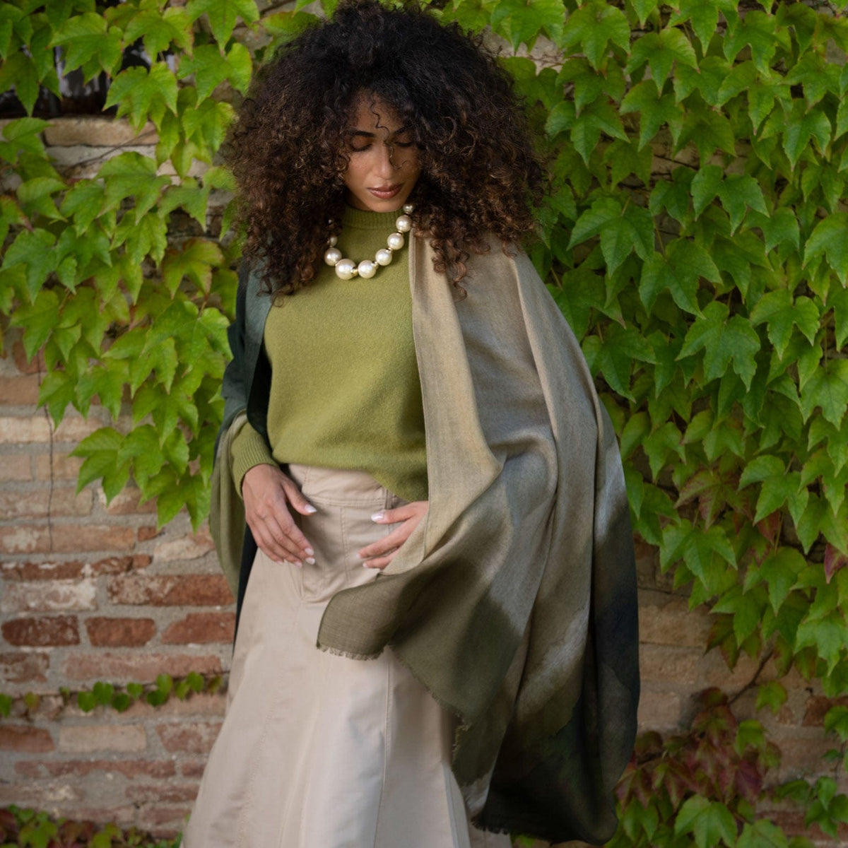 Soft luxurious lightweight extra large Italian wool and silk scarf wrap - olive green