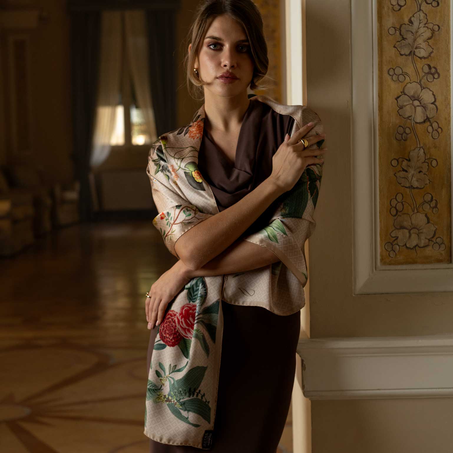 Beige Floral Italian Silk Satin Long Scarf - Main Image