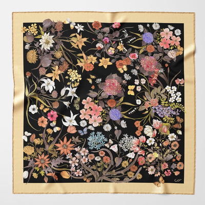 Black Botanical Print Silk Scarf