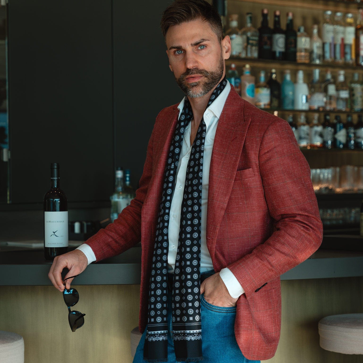 Luxury black skinny silk scarf for men made in Italy