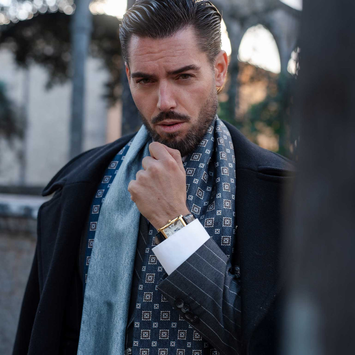 Handmade blue silk doubled sided Men's scarf