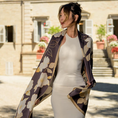 Italian Silk Satin Evening Shawl - Brown