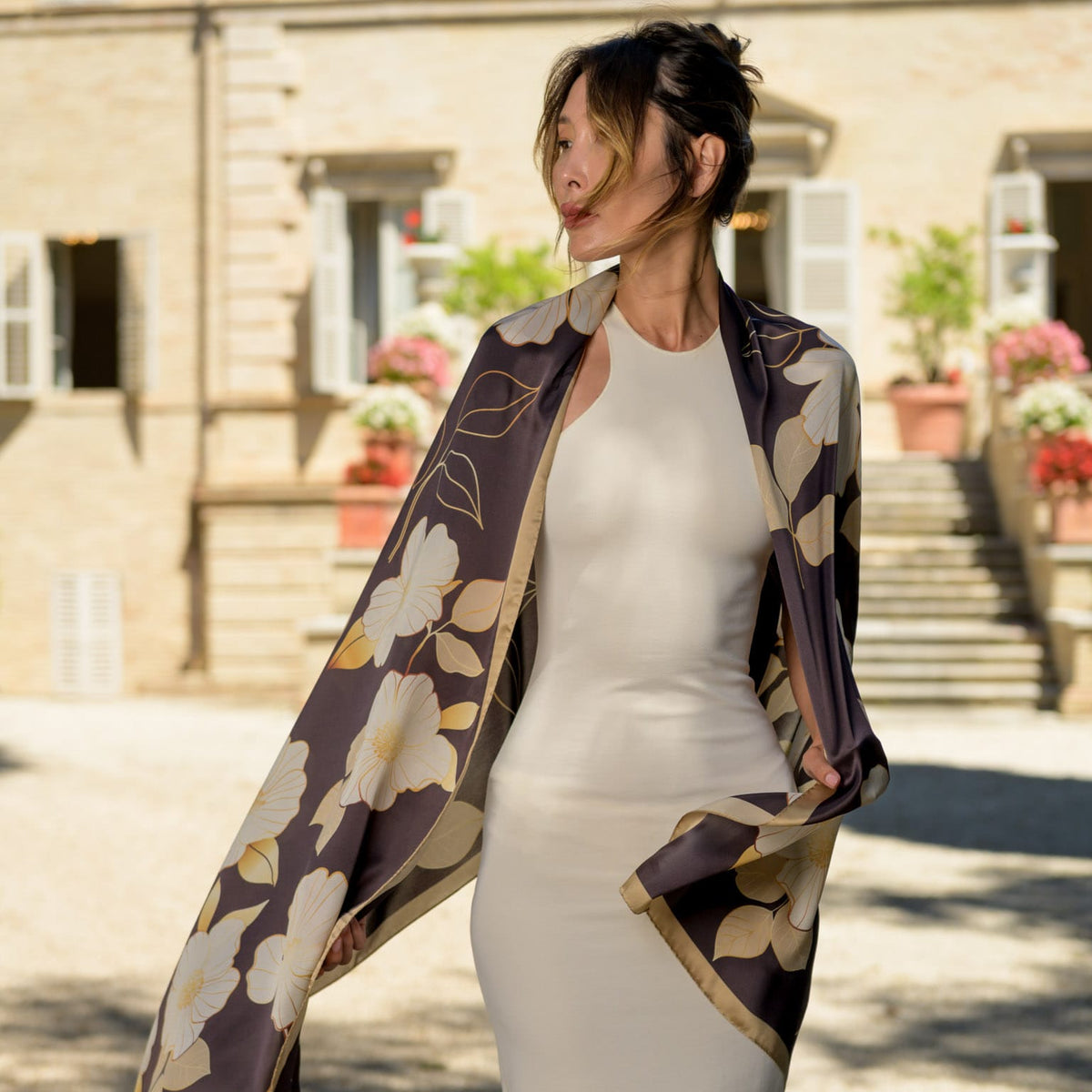 Italian Silk Satin Evening Shawl - Brown